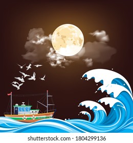 Fishing trawler boat out in rough sea with seagulls overhead set against a full moon night sky