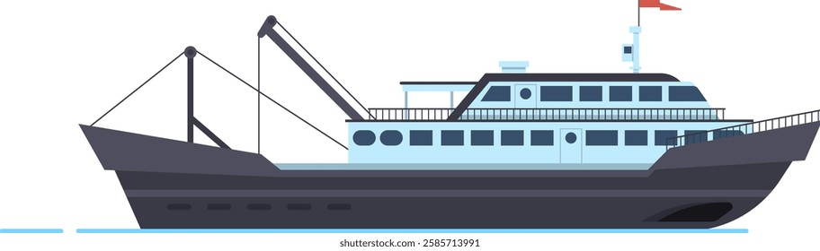 Fishing trawler boat sailing across the sea, serving the seafood industry as a commercial shipping vessel. Isolated vector illustration depicting a maritime scene with modern design elements