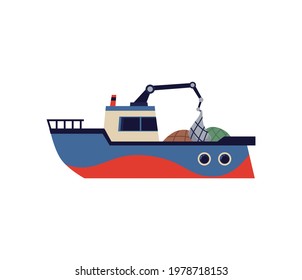 Fishing trawler boat or ship with winch for nets, flat vector illustration isolated on white background. Fishing industry watercraft cartoon symbol or icon.