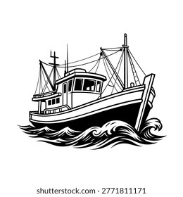 Fishing trawler boat vector illustration in black and white line art style