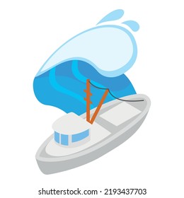 Fishing Trawler Icon Isometric Vector. New White Fishing Ship Under Ocean Wave. Sea Trawler Vessel, Fishery Industry, Water Transport