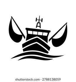 Fishing trawler icon. Ship. Black silhouette. Front view. Vector simple flat graphic illustration. Isolated object on a white background.