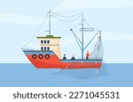 Fishing trawler or large equipped ship for fishing fish and seafood, flat vector illustration. Commercial hooker sea boat with fishermen pulling out nets.