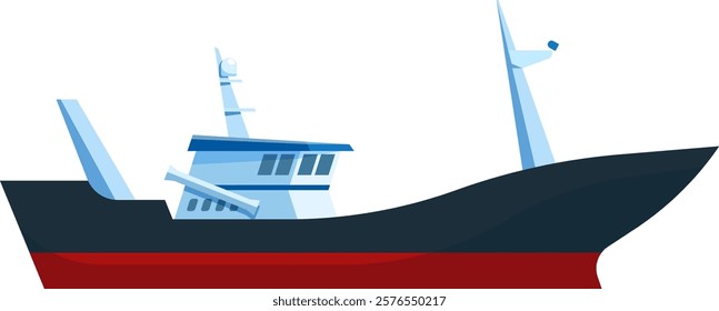 Fishing trawler navigating the open sea, featuring outriggers and antennas, presented in a detailed vector illustration against a clean white background