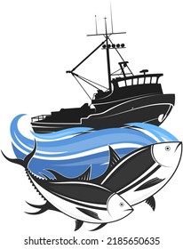 Fishing trawler on a blue wave and fish catch symbol