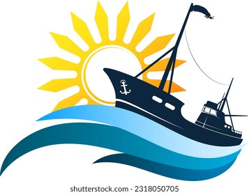 Fishing trawler on blue wave and sun. Design for industrial fishing