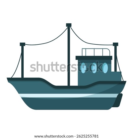 Fishing trawler sailing on water with cabin and masts