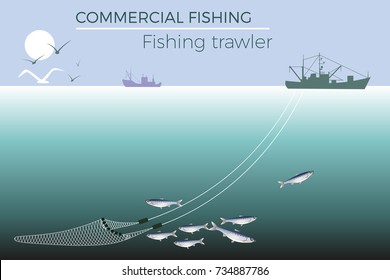 Fishing Trawler In The Sea. Vector Illustration