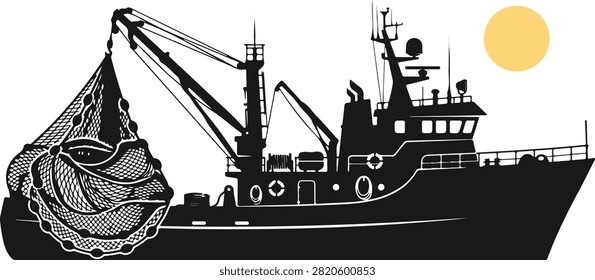Fishing trawler vessel boat with nets at sea silhouette, fishing, boat, ship, trawler, sea, net, silhouette, icon, symbol, sign