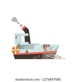 Fishing trawler, vessel for industrial seafood production, retro marine ship vector Illustration