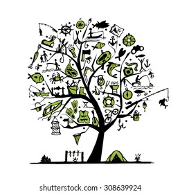 Fishing tree concept, sketch for your design. Vector illustration