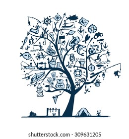 Fishing tree concept, sketch for your design. Vector illustration