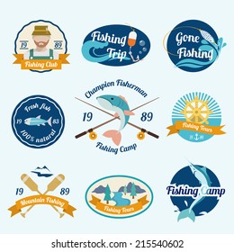 Fishing trip camps clubs outdoor tours label set isolated vector illustration