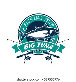 Fishing trip round icon. Big tuna vector sign with fishing rods, fish, ribbon. Fisherman adventure sport club circle badge.