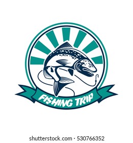 Fishing trip round icon. Big tuna vector sign with fishing rods, fish, ribbon. Fisherman adventure sport club circle badge