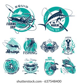 Fishing trip vector icons for fisherman adventure club. Isolated symbols of big fish catch, fisher tackles and seafood crab lobster or squid, tuna or turtle in scoop net, fishing rod and marlin