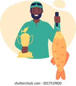 Trofeo de pesca para atrapar grandes peces vectores 2D ilustración aislada. Segundo ganador del torneo de pesca personaje plano sobre fondo de caricatura. Escena colorida de pescador profesional con copa de oro