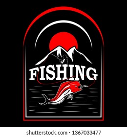 Fishing tshirt design on black background. Mountain fishing.