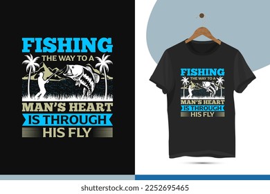 Fishing t-shirt design template. Vector illustration with Mountain, Palm Tree, Grass, Sea, River, Fisherman, and fish silhouette for a shirt.