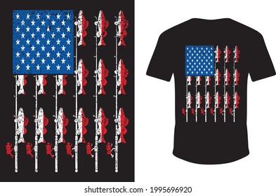 Camiseta de pesca. Diseño de camisetas de la bandera de pesca de Estados Unidos. Camisa de pesca vectorial. Diseño de camisetas Eps.