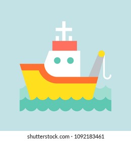 Fishing Tug Boat In Sea Waves Icon, Flat Design