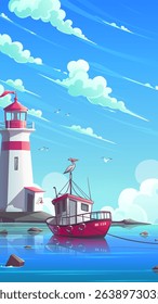 Fishing Tugboat with Pelican Near Lighthouse