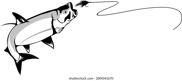Fishing tuna with fish hook silhouette isolated on white background