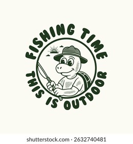 Fishing turtle logo cute retro cartoon vector hand drawn