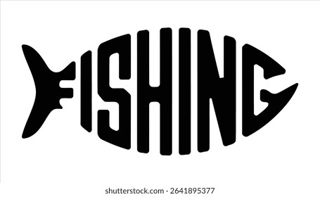 Fishing Typography Vector Design in Fish Shape. Bold Silhouette Word Art.	