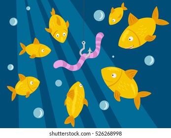 Fishing under water. Fish hunts worm. Cartoon colorful hand drawn vector illustration