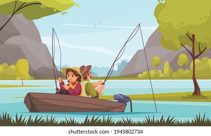 Fishing vacation resort flat composition with young couple in motor boat on lake angling fish vector illustration