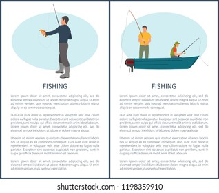 Fishing vector applique with text sample for fishery magazine. Fisher with rod and perch take in hand, friends in motorboat waiting for rise isolated.