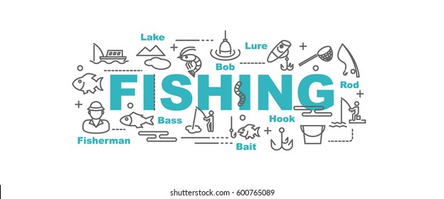 Fishing Vector Banner Design Concept, Flat Style With Thin Line Art Icons On White Background
