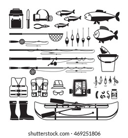 Fishing vector black icons. Tackle and bait, bobber and fisherman clothing