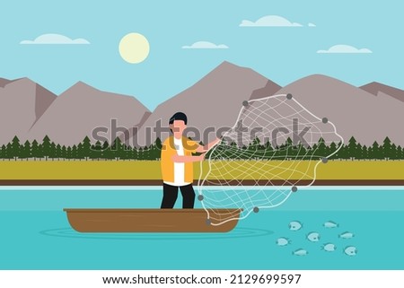 Fishing vector concept. Fisherman throws fishing net while catching fish on the lake with mountain background