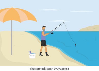 Fishing vector concept: Young man fishing at a lake while wearing face mask in new normal