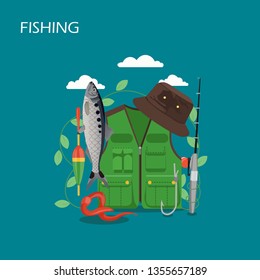 Fishing vector flat style design illustration. Fisher vest and hat, fishing rod, bobber, fish and bait worm. Fisherman clothing and fishing gear composition for web banner, website page etc.