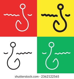 Fishing Vector Icon, Outline style icon, from Adventure icons collection, isolated on Red, Yellow, White and Green Background.