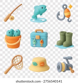 Fishing Vector Icon Set | 3D icon set | a fishing rod, a jumping fish, a fishing hook with a bobber, a bucket of fish, a tackle box, rubber boots, a landing net, a bucket hat, and a fishing reel