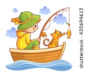 Fishing vector illustration. Boy in a boat fishing with cat.  Cartoon Fisherman.