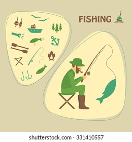 fishing vector illustration, fisherman with rod and fish