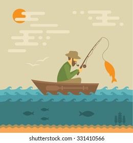 ilustración de vectores de pesca, pescador con vara y pescado