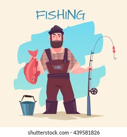 Ilustración vectorial de pesca. Pescador aislado con vara y pescado. Es hora de pescar. Gracioso caricaturista profesional pescador. Personas activas. Es hora de pescar.