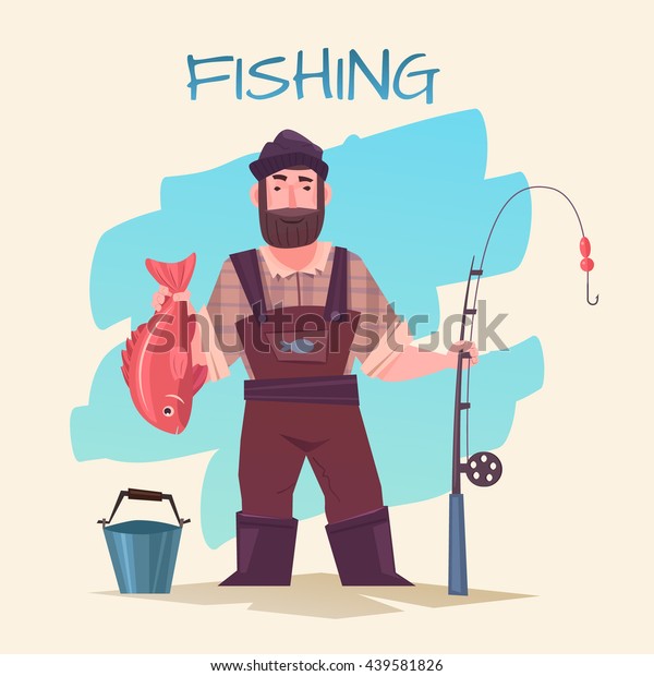 釣りのベクターイラスト 竿と魚を持つ漁師 釣りの時間だ 面白い漫画