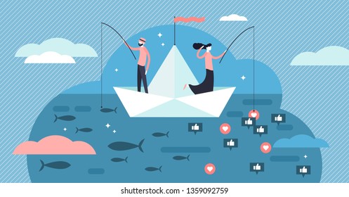 Fishing vector illustration. Flat social media like catch persons concept. Outdoors seafood hobby and symbolic followers marketing comparison analogy. Marketing audience and underwater life searching.