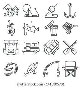 Fishing vector illustration icon set. Fisherman, bait, fish, sonar scan, worm weight and more