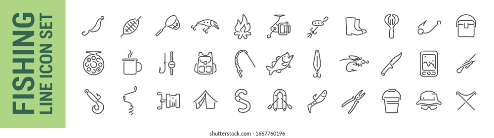 Fishing vector isolated line icon set. Fish boat lures. Collection