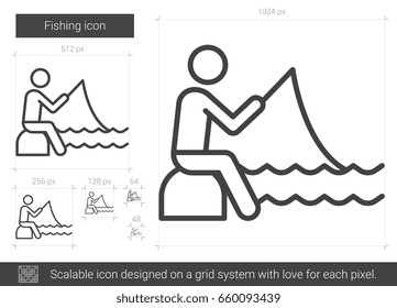 FischereiVektorsymbol einzeln auf weißem Hintergrund. Symbol für die Angelrute für Infografik, Website oder App. Skalierbares Symbol, das auf einem Gittersystem entworfen wurde.
