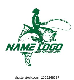 Fishing vector for logo. Fishing logo with rod. Man Riding Tuna Fish Like a Rodeo. Bass fishing tournament logo design vector