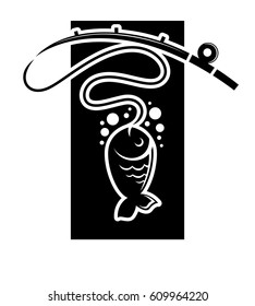 Fishing vector logo template with fish catch on hook. Fisherman or fisher sport club isolated icon silhouette for fishery industry